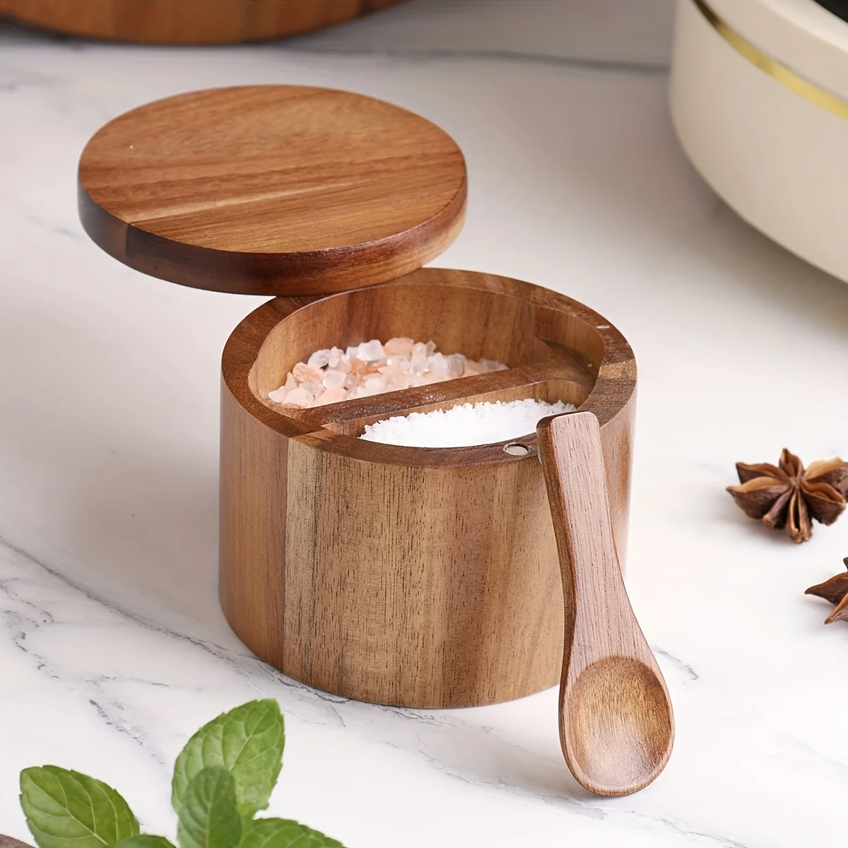 Acacia Wood Salt Jar with Spoo - Herb Keeper Bottle 评论和价格